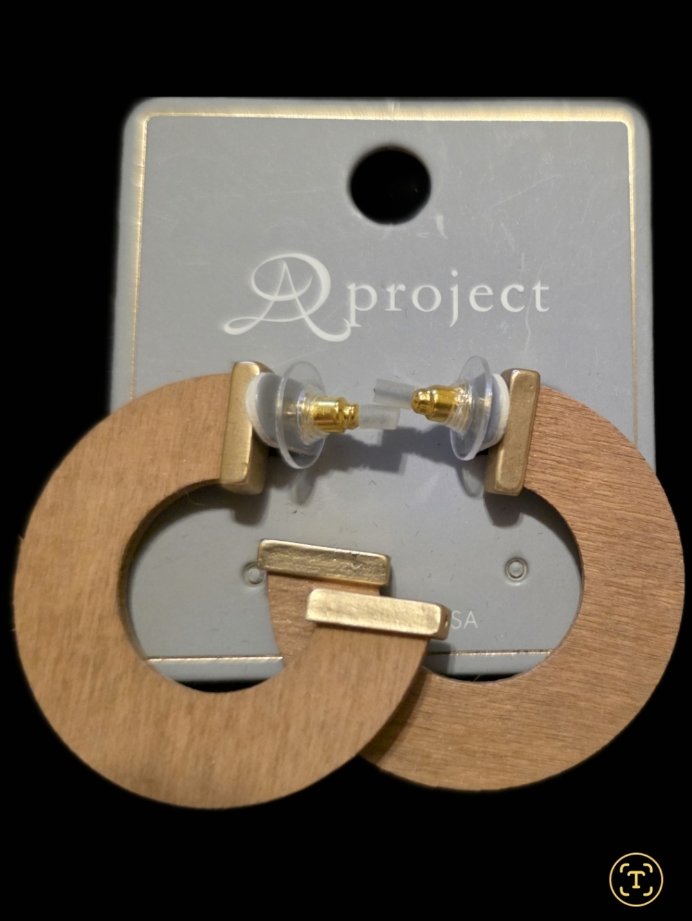 Wood Hoop Earrings with Goldtone Accents
